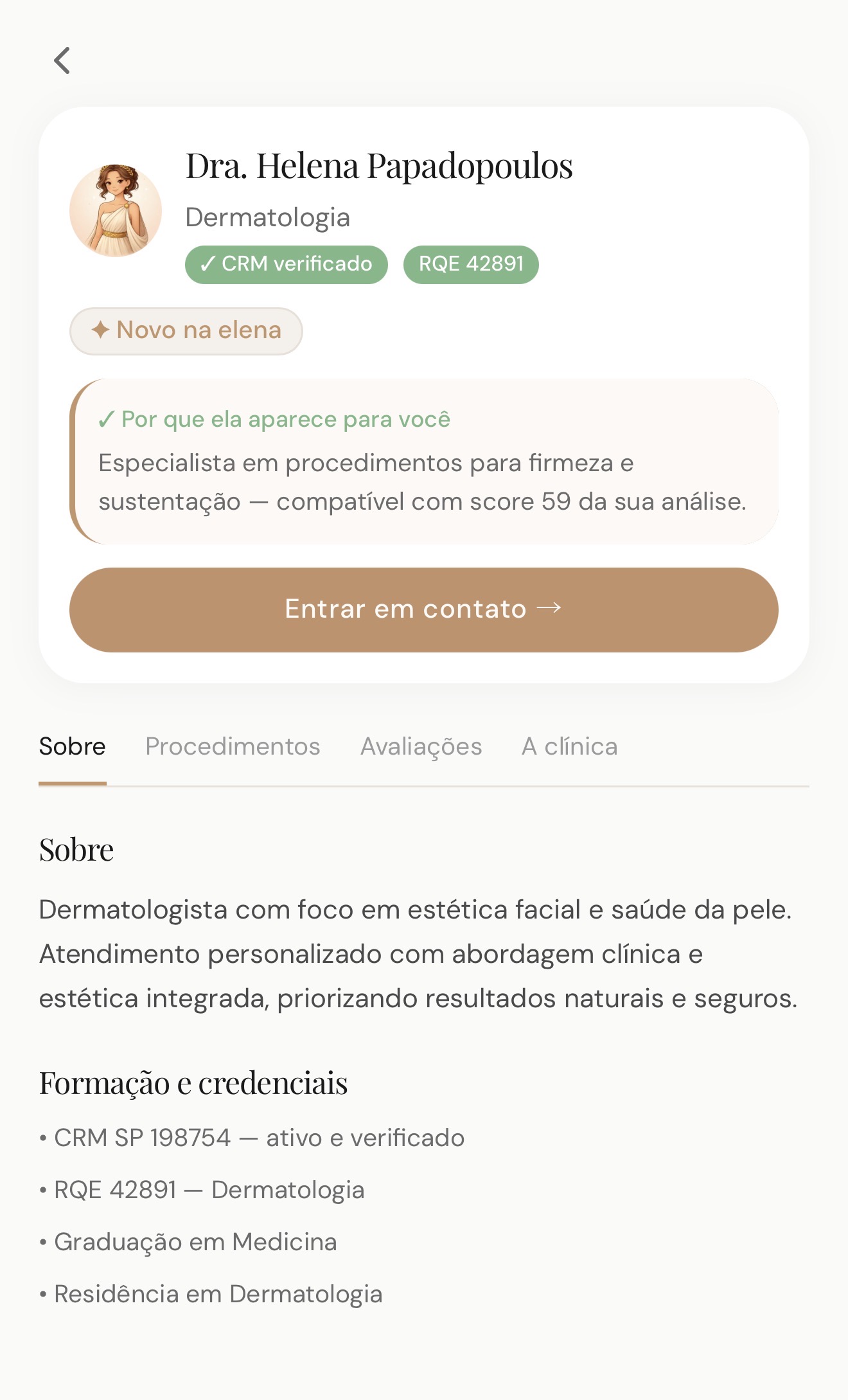 Perfil médico na Elena