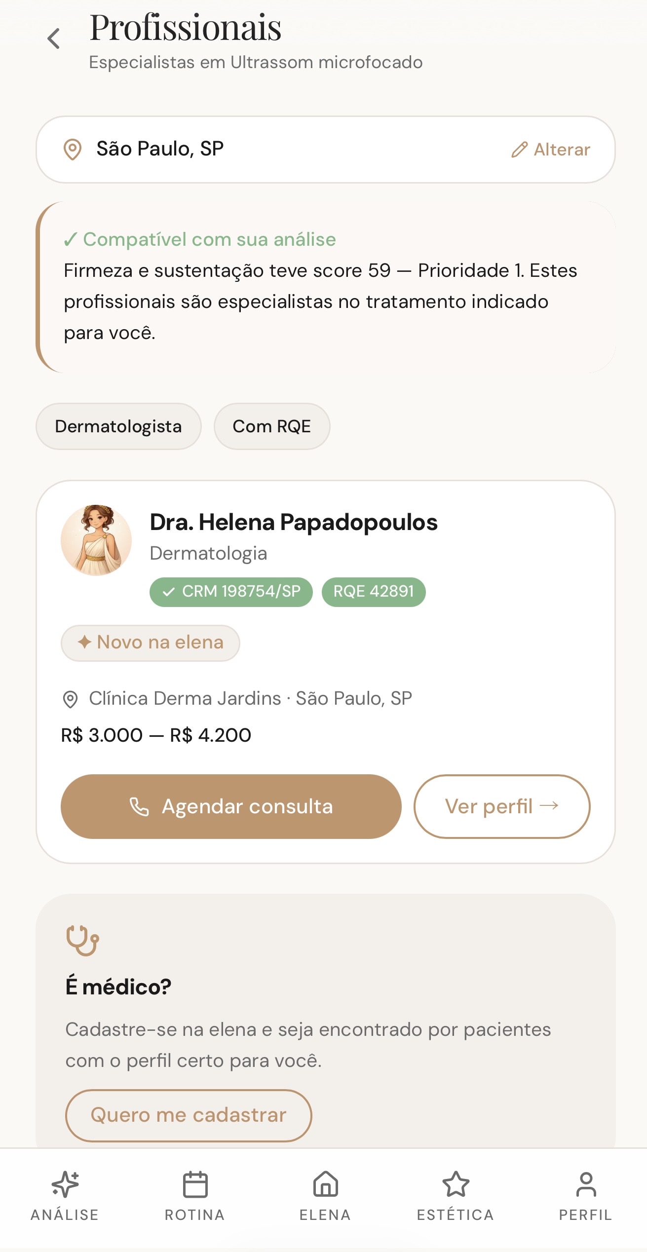 Tela de profissionais na Elena